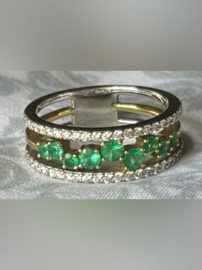 Simon G Tempera 18K Two-Tone Gold Natural Emerald Diamond Halo Ring   7.5 w/ Box
